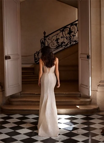 Sheath/Column Square Neckline Sleeveless Sequined Sweep Train Wedding Dress