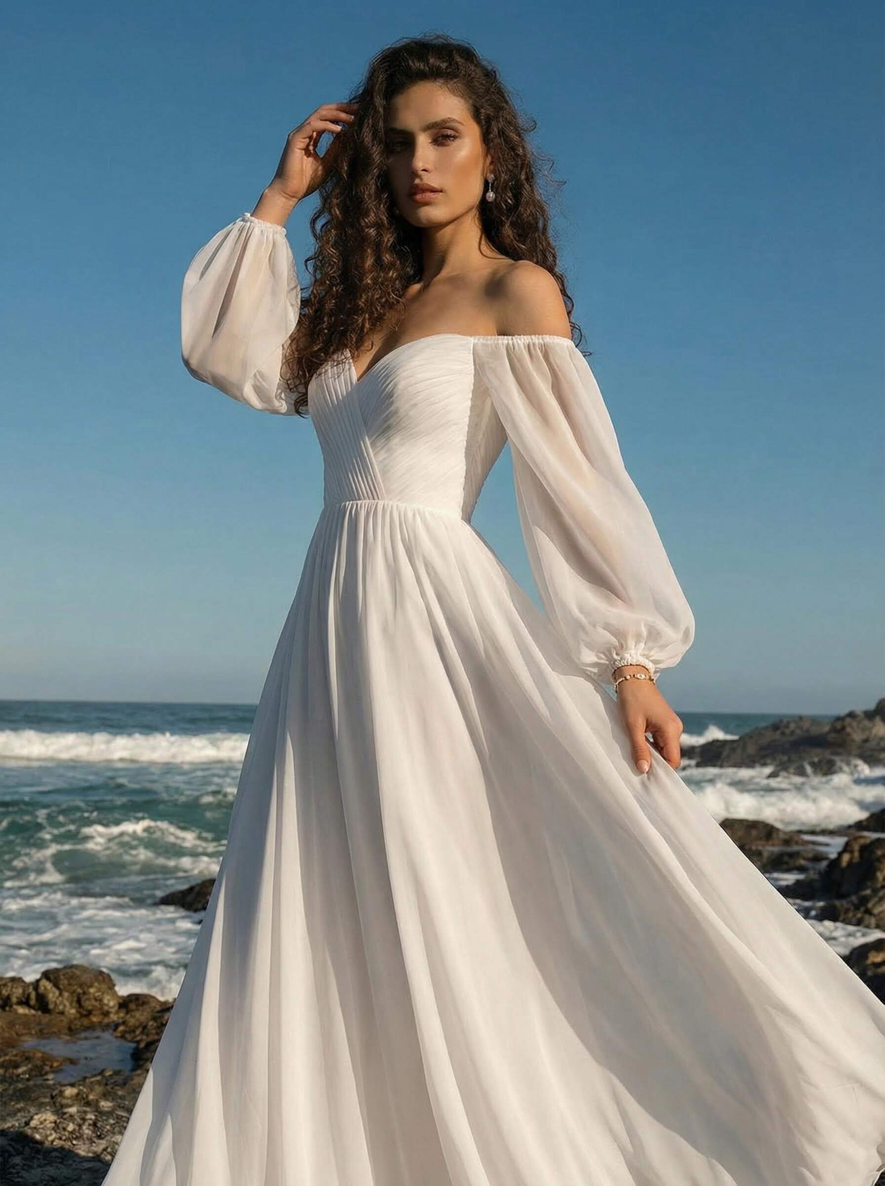 A-Line Off-The-Shoulder Long Sleeves Chiffon Floor-Length Wedding Dress