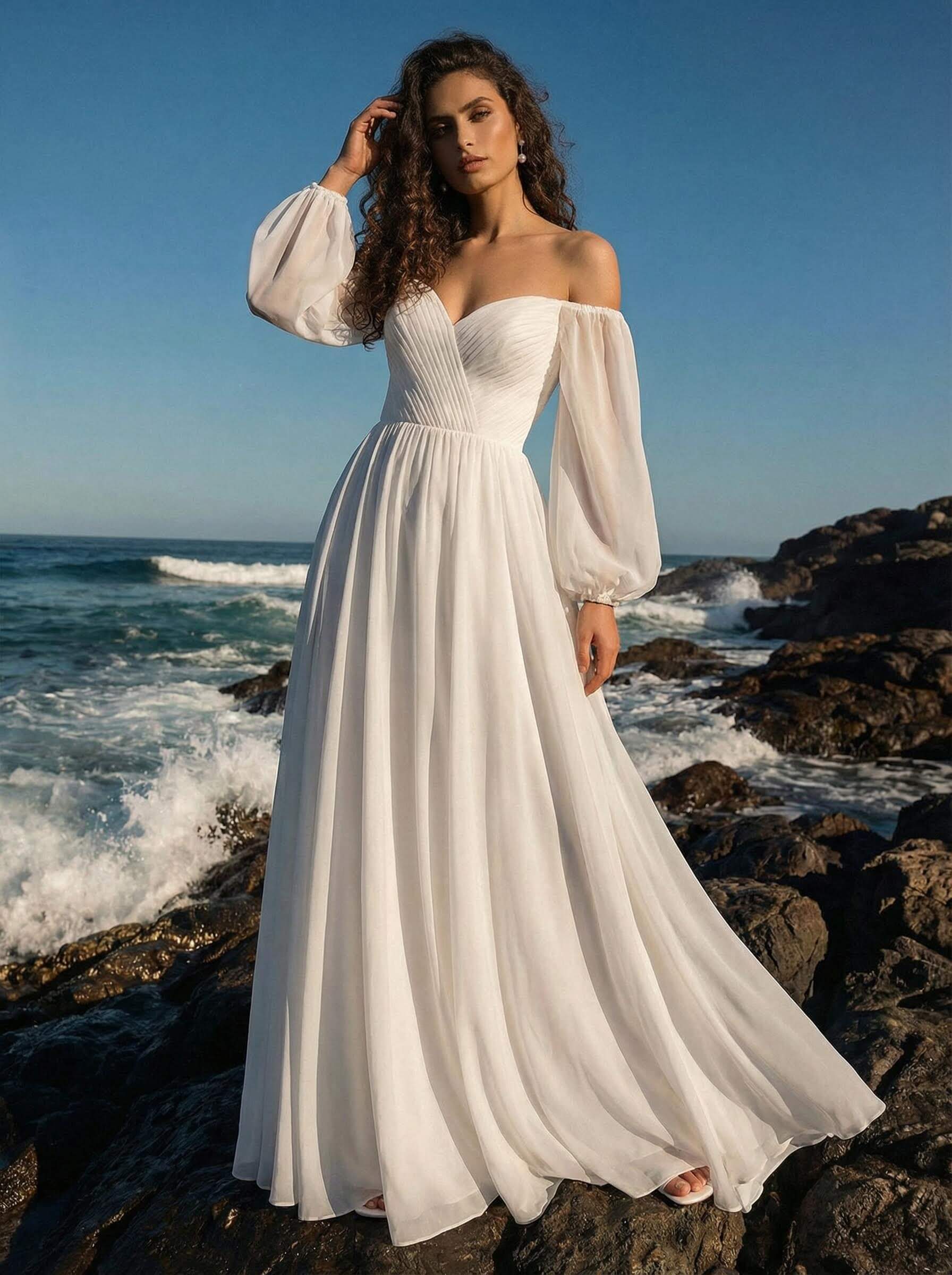 A-Line Off-The-Shoulder Long Sleeves Chiffon Floor-Length Wedding Dress