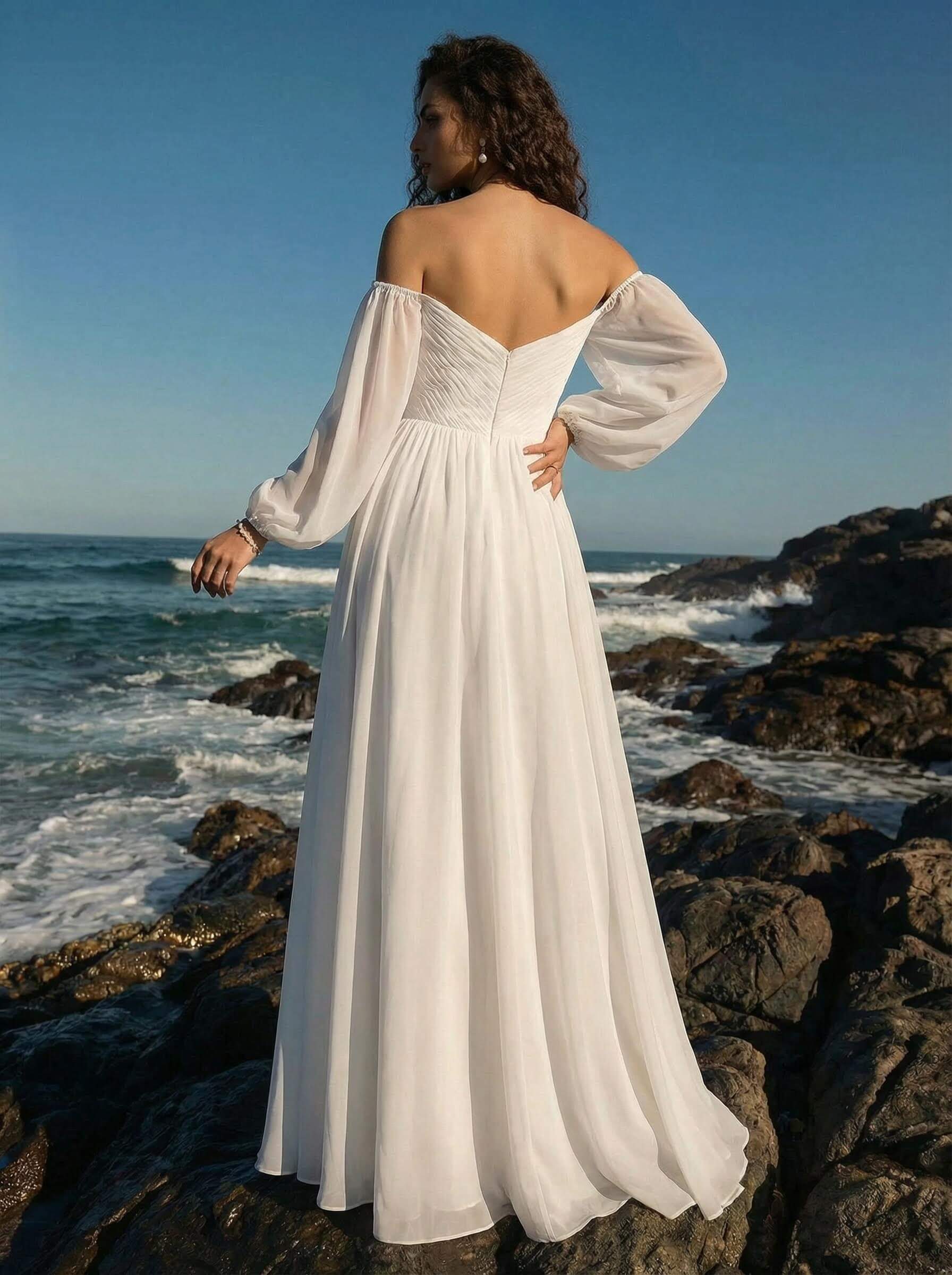 A-Line Off-The-Shoulder Long Sleeves Chiffon Floor-Length Wedding Dress