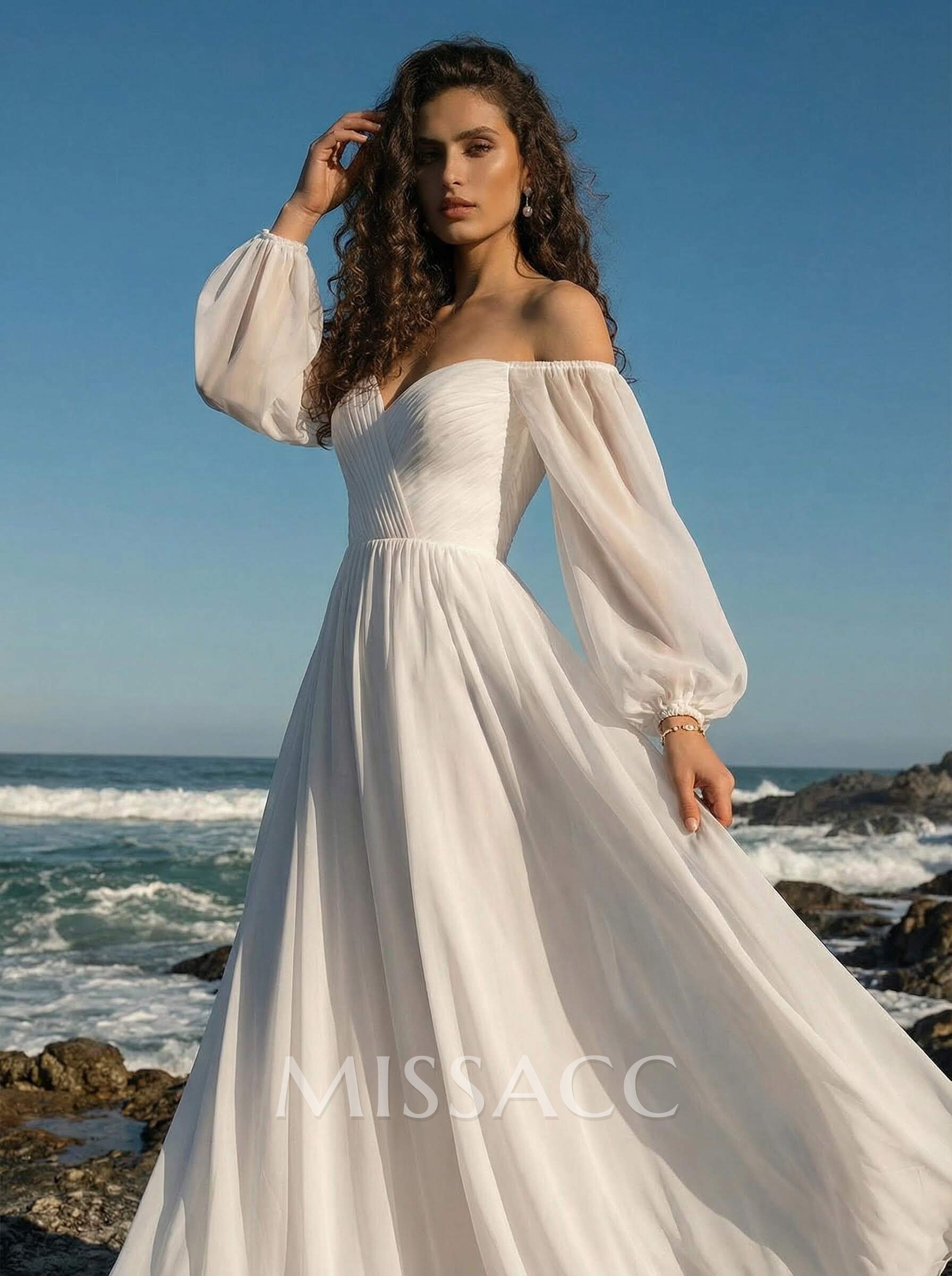 A-Line Off-The-Shoulder Long Sleeves Chiffon Floor-Length Wedding Dress