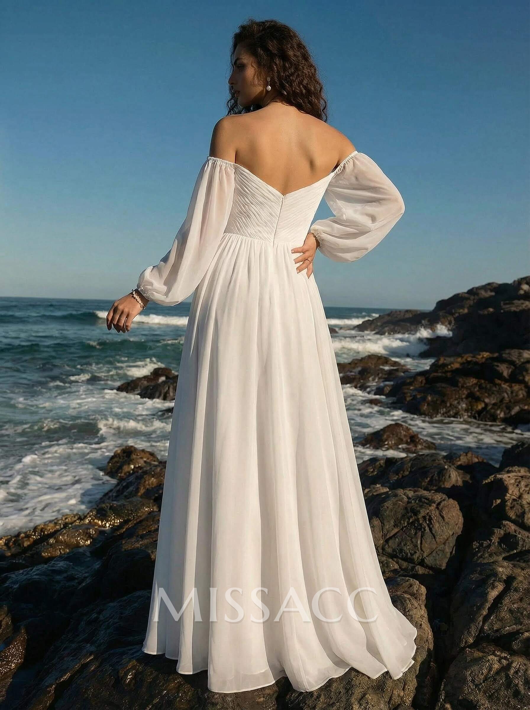 A-Line Off-The-Shoulder Long Sleeves Chiffon Floor-Length Wedding Dress