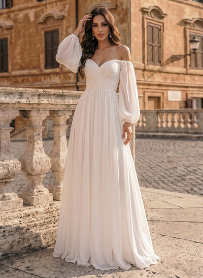 A-Line Off-The-Shoulder Long Sleeves Chiffon Floor-Length Wedding Dress