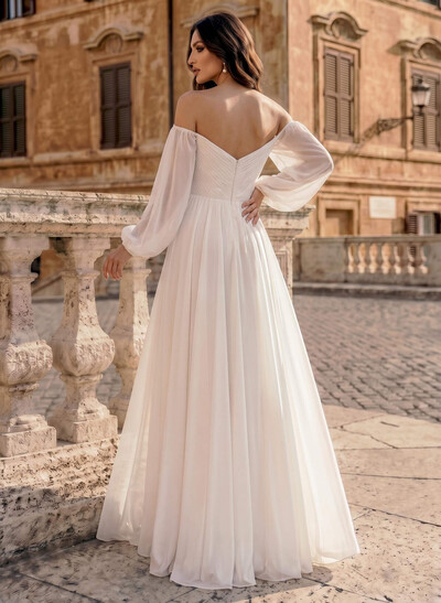 A-Line Off-The-Shoulder Long Sleeves Chiffon Floor-Length Wedding Dress