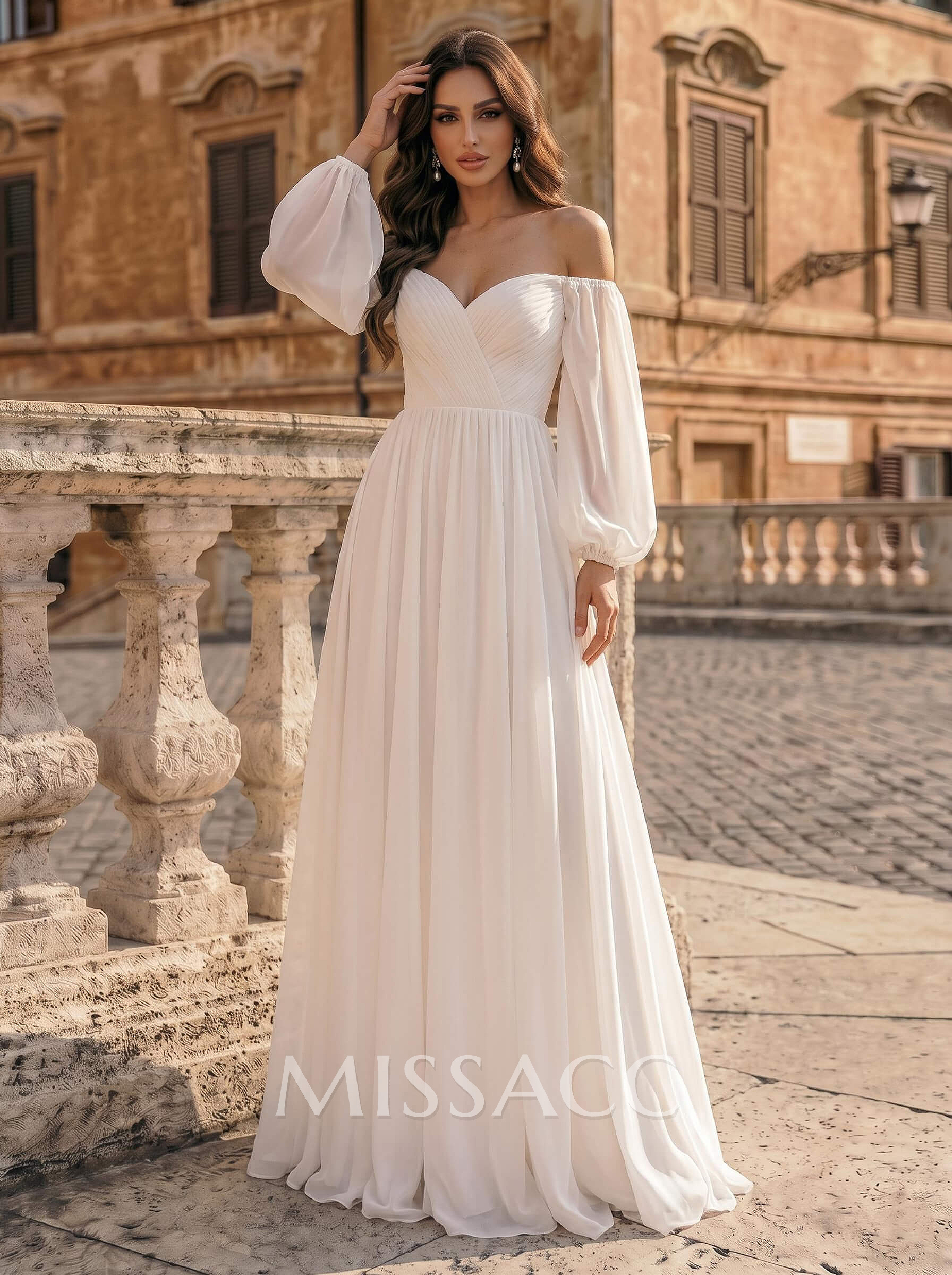A-Line Off-The-Shoulder Long Sleeves Chiffon Floor-Length Wedding Dress