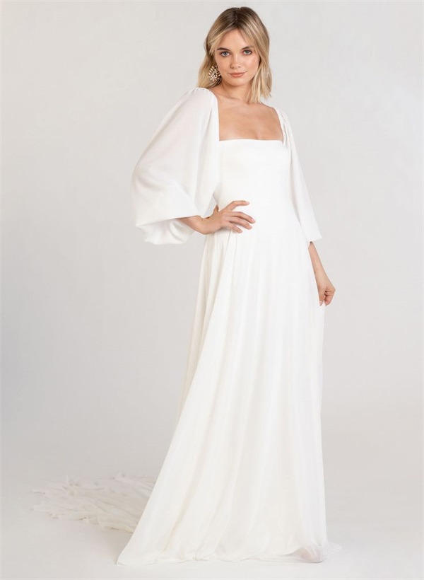 Long Sleeves A-Line Square Neckline  Wedding Dress With Chiffon Sweep Train
