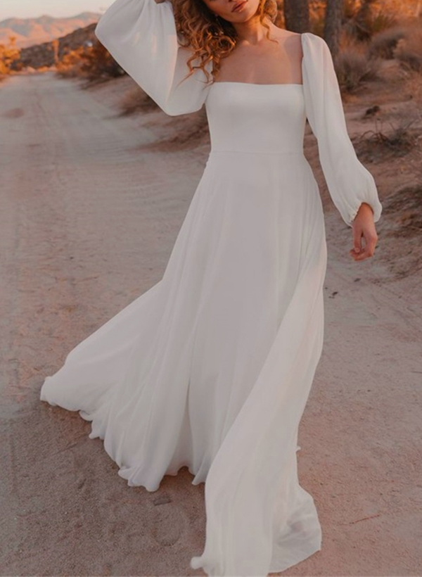 Long Sleeves A-Line Square Neckline Wedding Dress With Chiffon Sweep Train