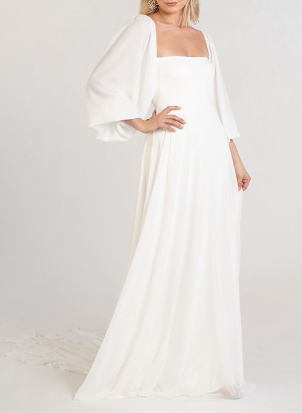 Long Sleeves A-Line Square Neckline Wedding Dress With Chiffon Sweep Train