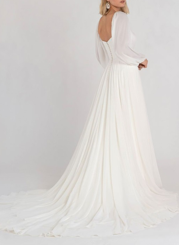 Long Sleeves A-Line Square Neckline Wedding Dress With Chiffon Sweep Train