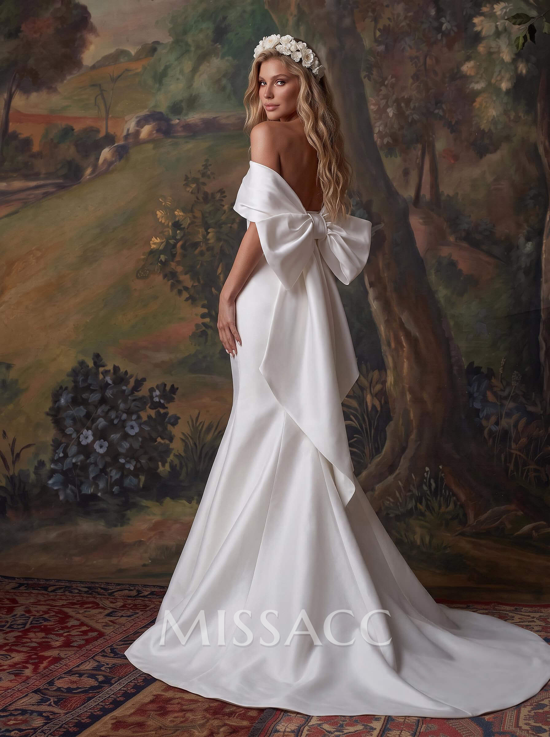 Trumpet/Mermaid Off-The-Shoulder Sleeveless Satin Sweep Train Wedding Dress With Bow(s) Trumpet/Mermaid Off-The-Shoulder Sleeveless Satin Sweep Train Wedding Dress With Bow(s)
