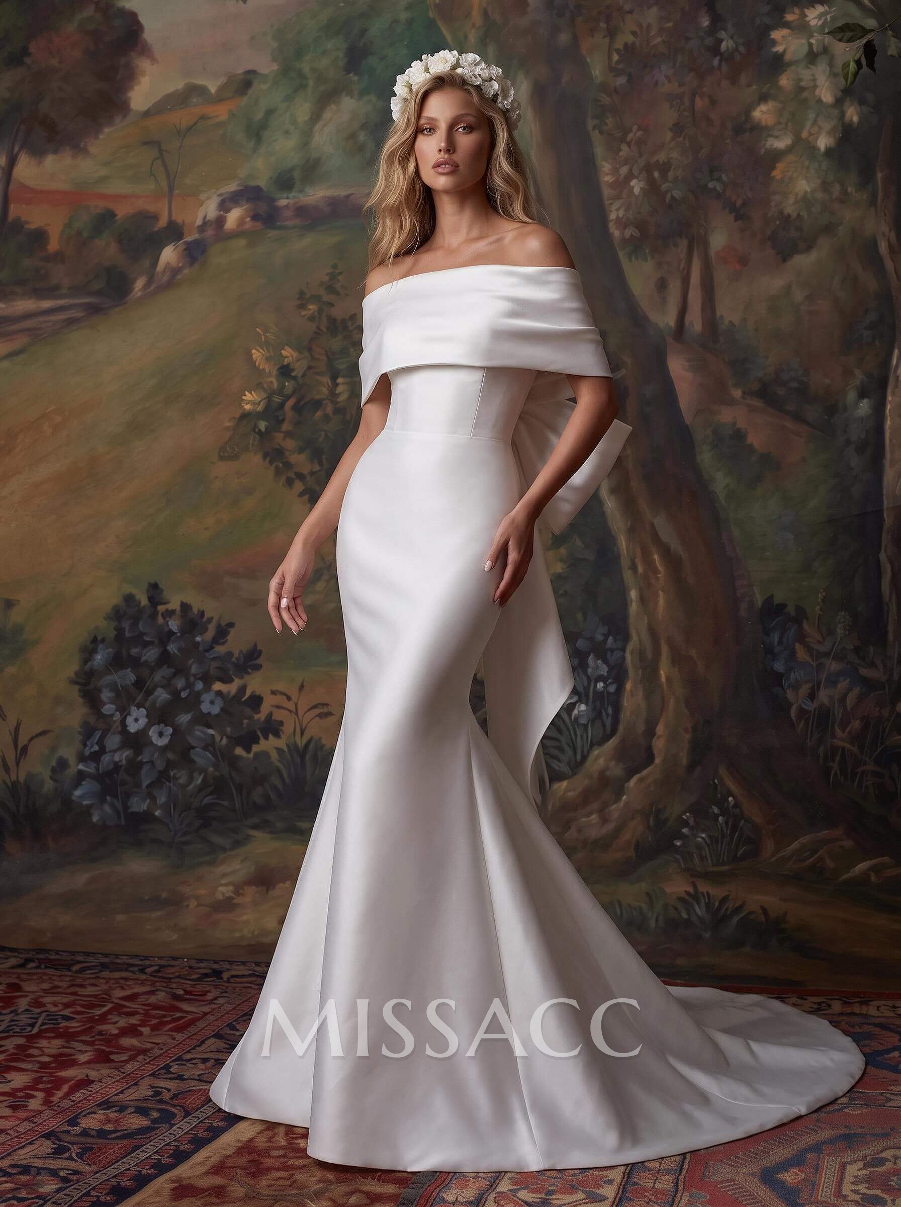 Trumpet/Mermaid Off-The-Shoulder Sleeveless Satin Sweep Train Wedding Dress With Bow(s) Trumpet/Mermaid Off-The-Shoulder Sleeveless Satin Sweep Train Wedding Dress With Bow(s)