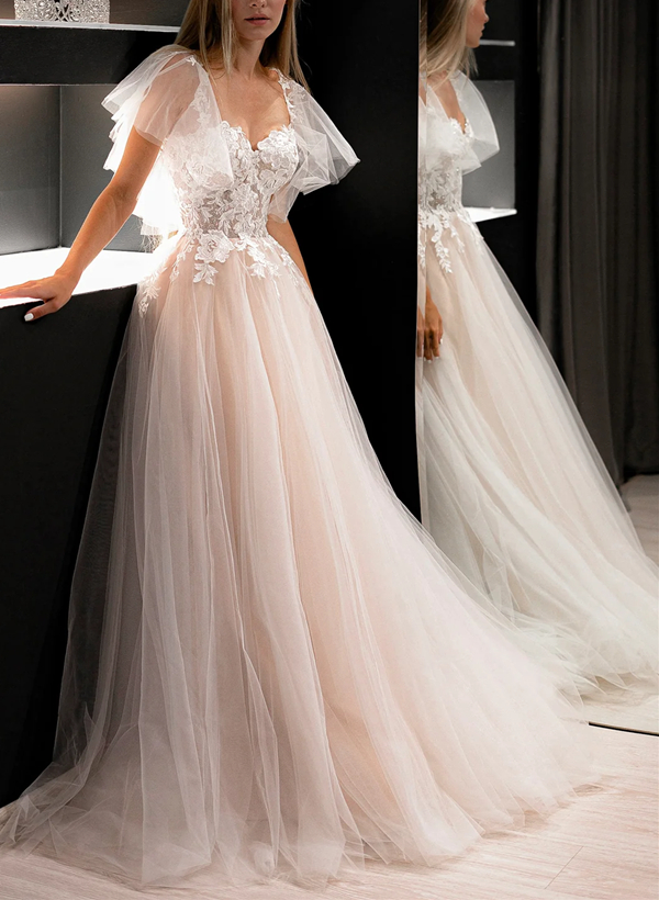 A-Line Sweetheart Short Sleeves Tulle Lace Sweep Train Wedding Dress