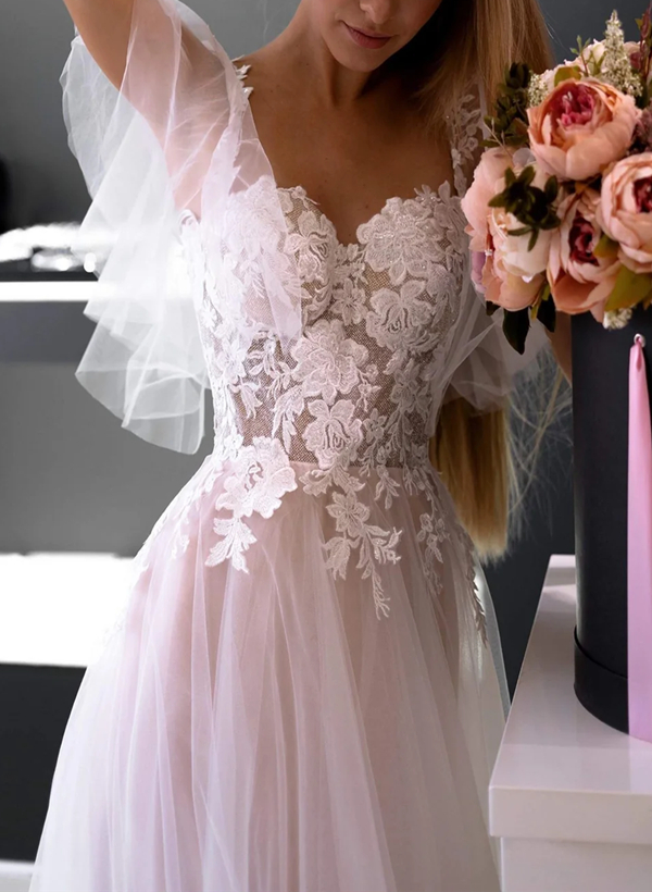 A-Line Sweetheart Short Sleeves Tulle Lace Sweep Train Wedding Dress