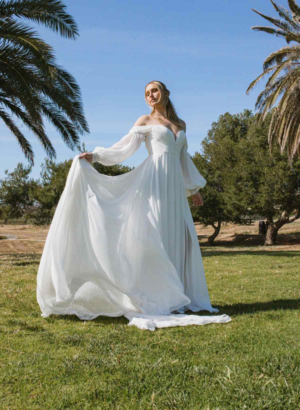 A-Line Sweetheart Long Sleeves Chiffon Sweep Train Wedding Dress