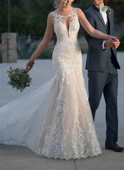 Trumpet/Mermaid Scoop Neck Sleeveless Lace Sweep Train Wedding Dress