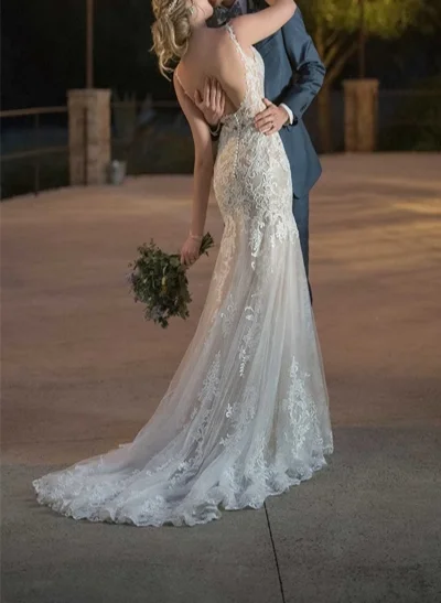 Trumpet/Mermaid Scoop Neck Sleeveless Lace Sweep Train Wedding Dress