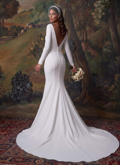 Trumpet/Mermaid V-Neck Long Sleeves Elastic Satin Court Train Wedding Dress