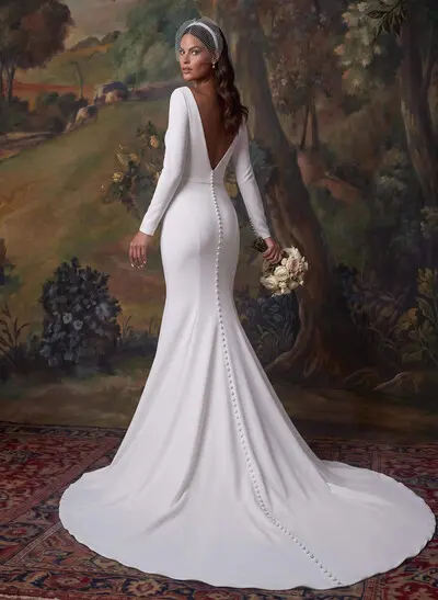 Trumpet/Mermaid V-Neck Long Sleeves Elastic Satin Court Train Wedding Dress