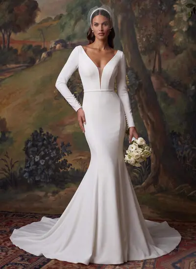 Trumpet/Mermaid V-Neck Long Sleeves Elastic Satin Court Train Wedding Dress