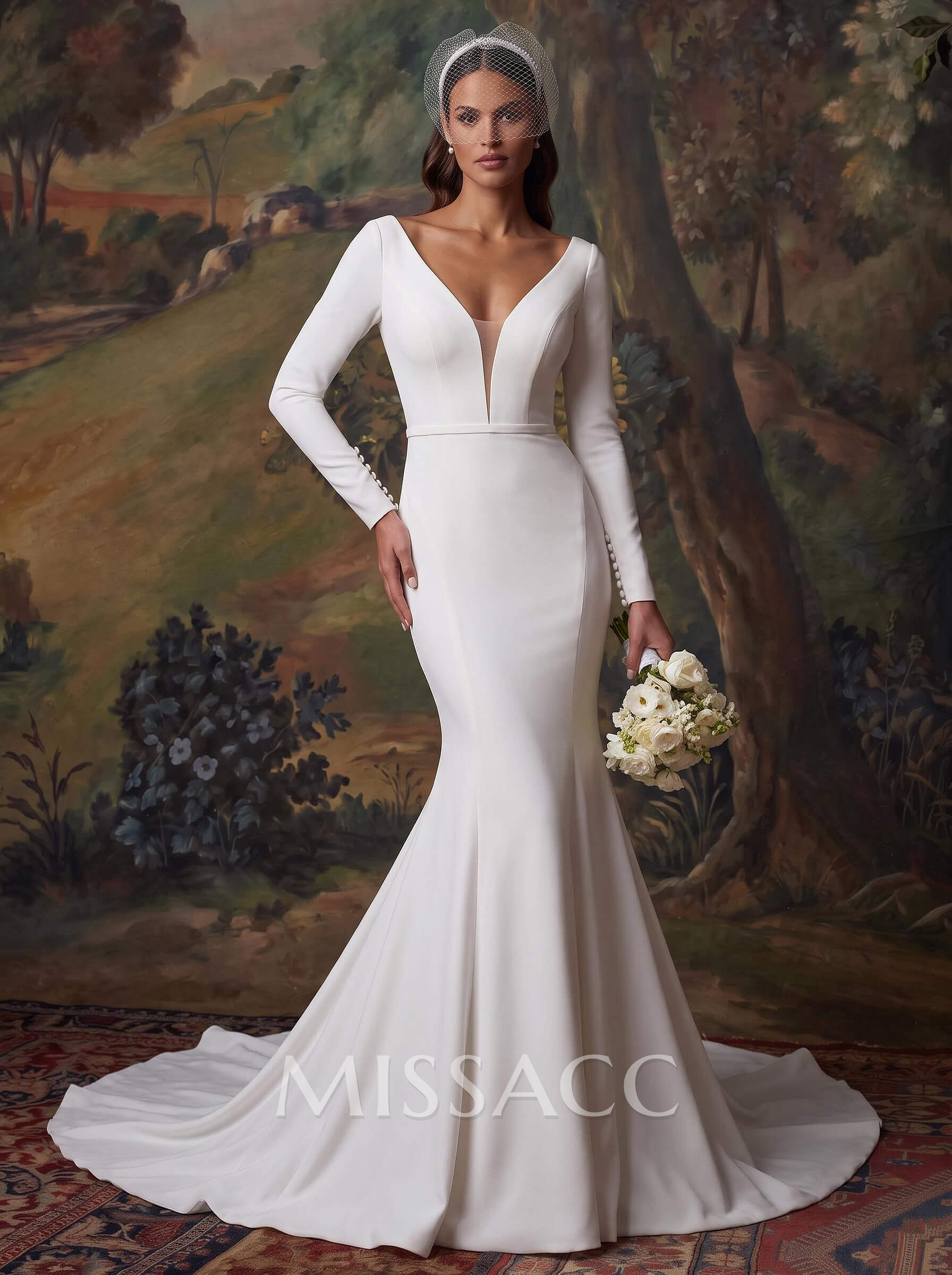 Trumpet/Mermaid V-Neck Long Sleeves Elastic Satin Court Train Wedding Dress