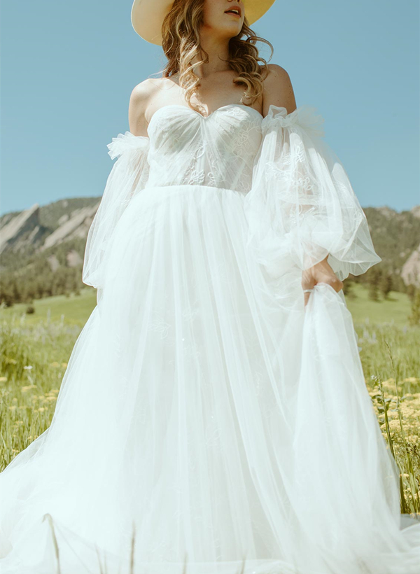 A-Line Sweetheart Long Sleeves Tulle Sweep Train Wedding Dress With Lace