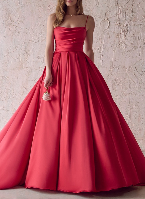 Red Ball-Gown Satin Wedding Dress with Square Neckline Sleeveless Sweep Train