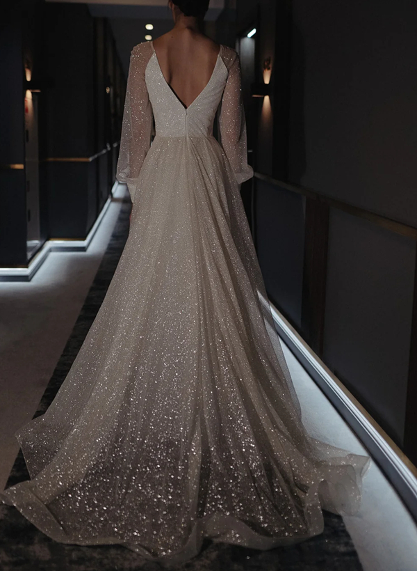 Unique Backless V Neck Long Sleeve Wedding Dresses with Sweep Train