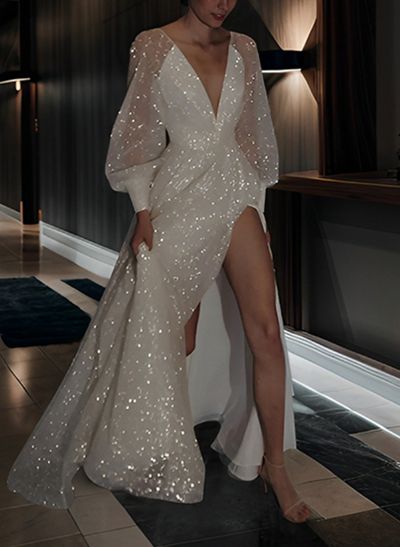 A-Line V-Neck Long Sleeves Court Train Sequined Wedding Dresses