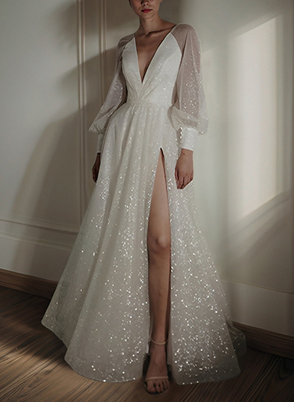 Long Sleeves Sparkly V-Neck Wedding Dress With A-Line Sweep Train
