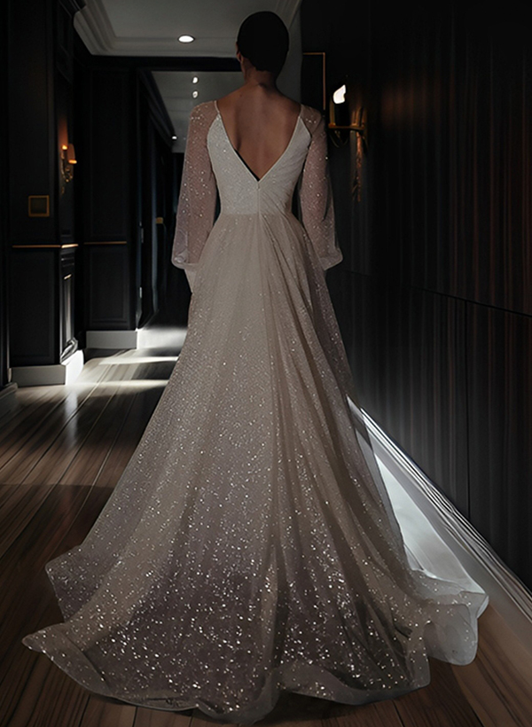 A-Line V-Neck Long Sleeves Court Train Sequined Wedding Dresses