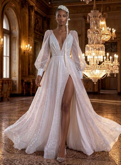 Sparkle Long Lantern Sleeves Plunge Neck Wedding Dresses With Split Front