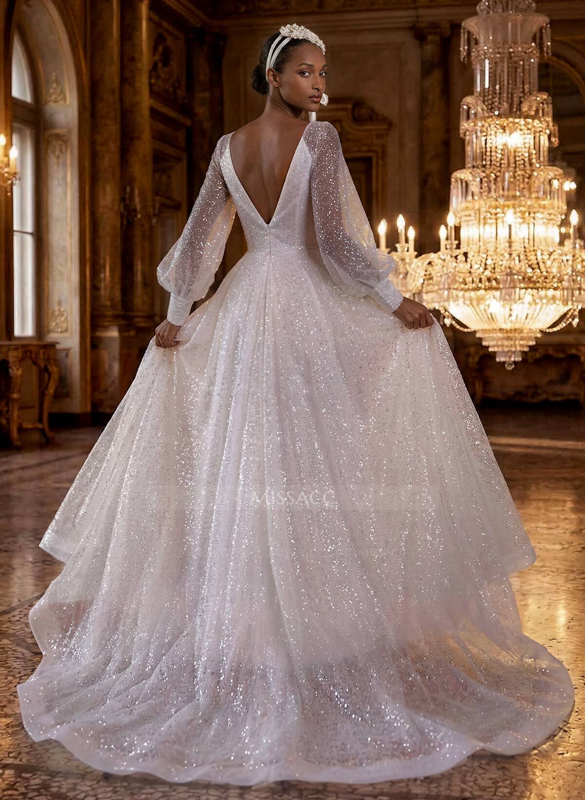 Sparkle Long Lantern Sleeves Plunge Neck Wedding Dresses With Split Front