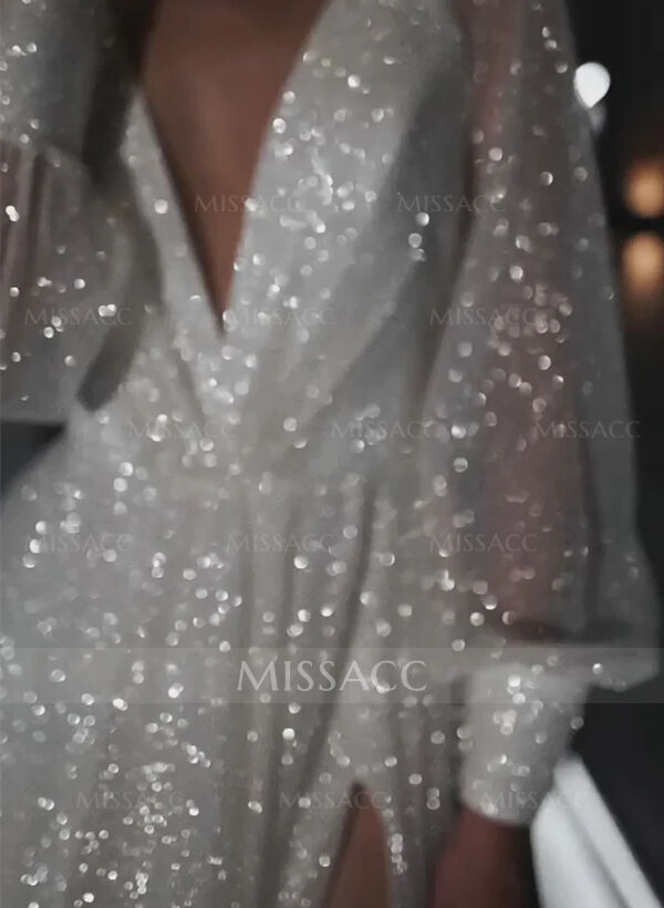 Sparkle Long Lantern Sleeves Plunge Neck Wedding Dresses With Split Front