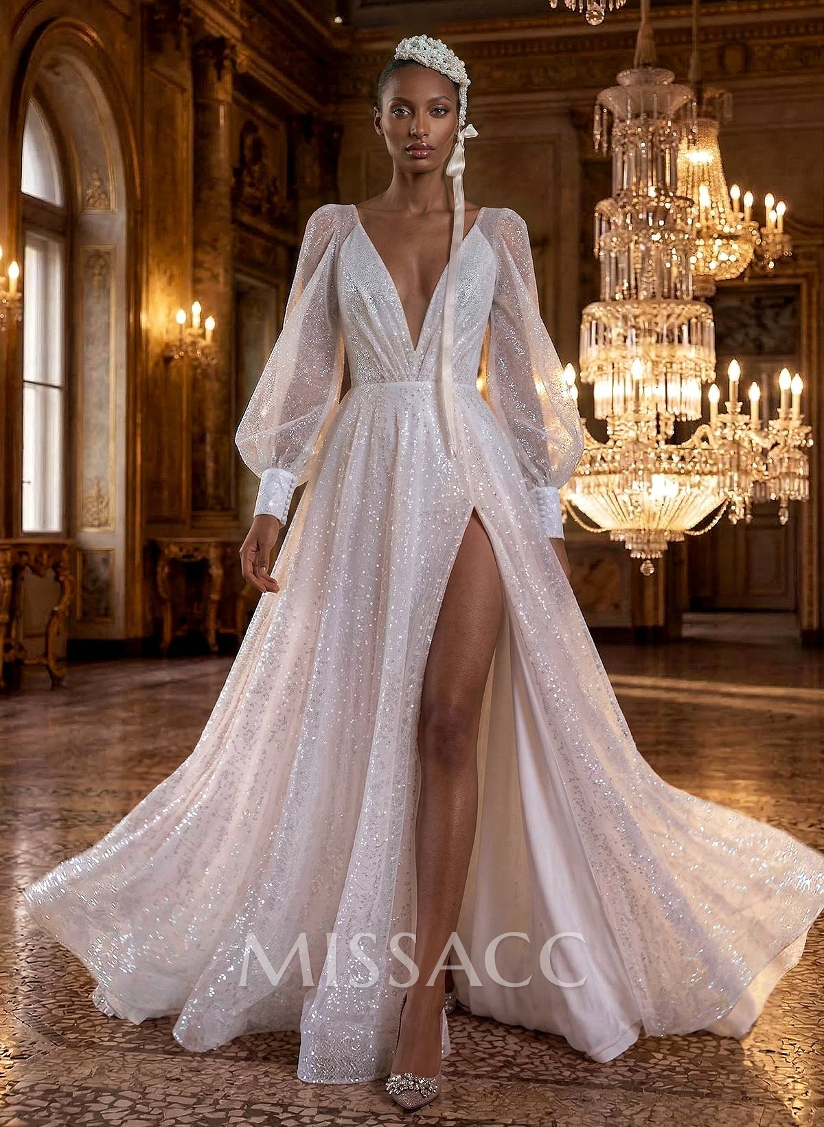Sparkle Long Lantern Sleeves Plunge Neck Wedding Dresses With Split Front Sparkle Long Lantern Sleeves Plunge Neck Wedding Dresses With Split Front