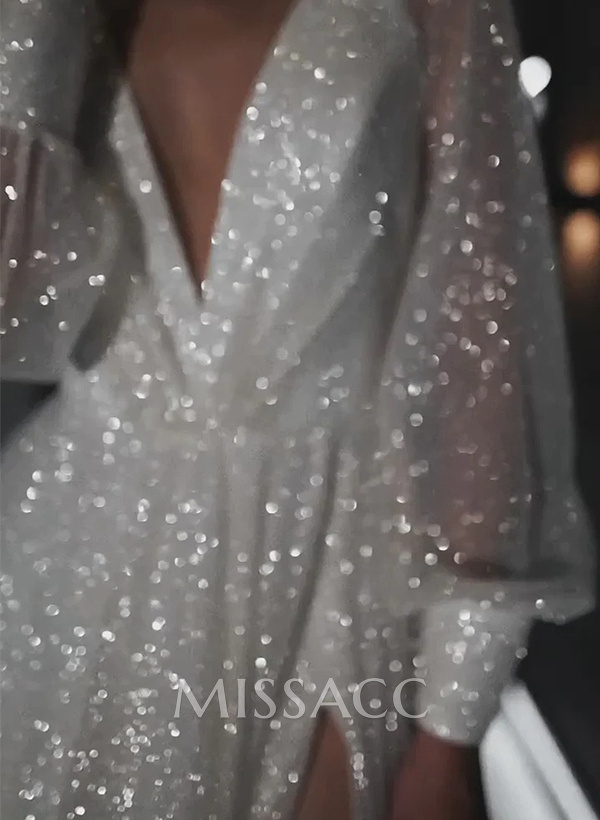 Sparkle Long Lantern Sleeves Plunge Neck Wedding Dresses With Split Front Sparkle Long Lantern Sleeves Plunge Neck Wedding Dresses With Split Front