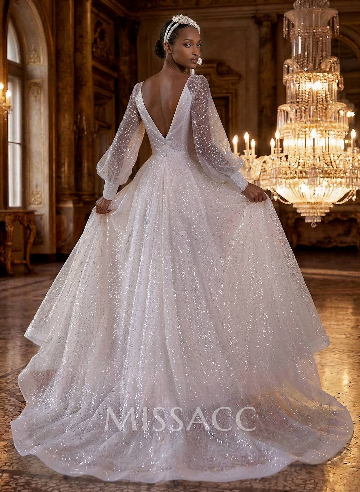 Sparkle Long Lantern Sleeves Plunge Neck Wedding Dresses With Split Front Sparkle Long Lantern Sleeves Plunge Neck Wedding Dresses With Split Front