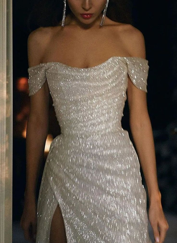 Sheath/Column Off-The-Shoulder Sleeveless Sequined Floor-Length Wedding Dress