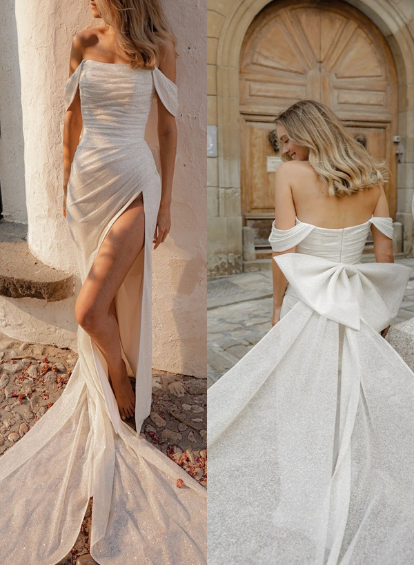 Sequin Off-The-Shoulder Sex Wedding Dress With Bow