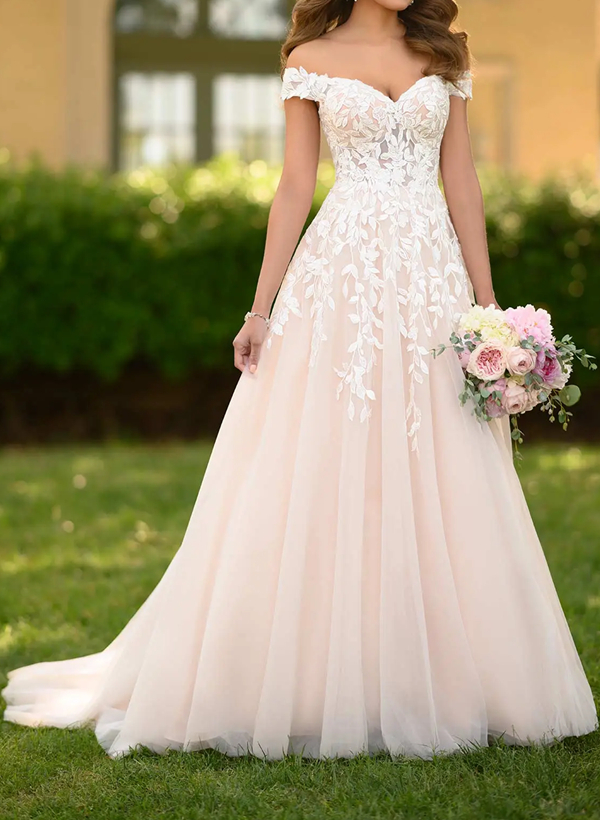 Ball-Gown Off-the-Shoulder Sleeveless Tulle Sweep Train Wedding Dress With Appliques Lace 