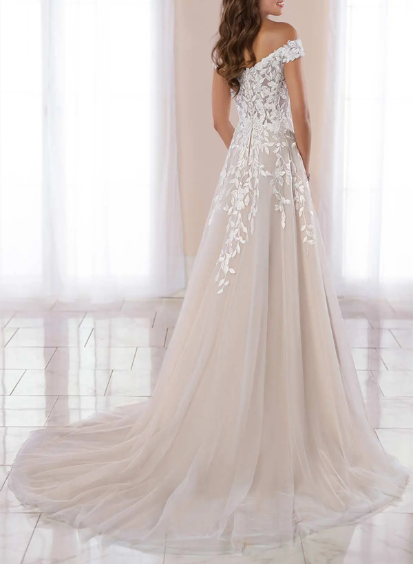 Ball-Gown Off-the-Shoulder Sleeveless Tulle Sweep Train Wedding Dress With Appliques Lace 