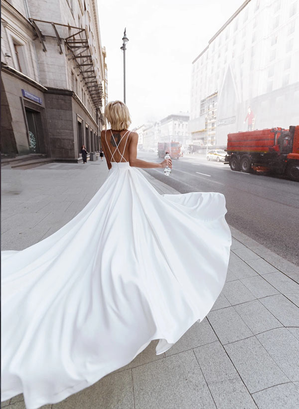 Sex Open Back Beach Wedding Dresses With V-Neck Satin