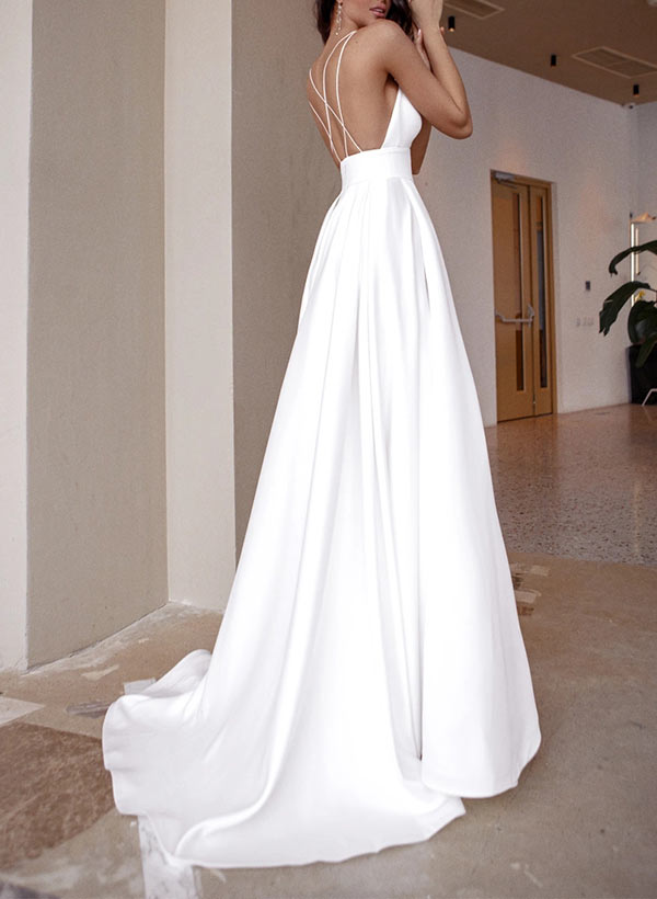 Sex Open Back Beach Wedding Dresses With V-Neck Satin