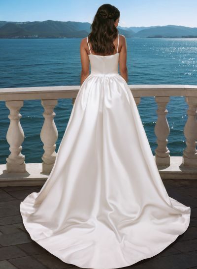 Sweetheart Neckline Sweep Train Satin Panel Wedding Dress With Split Front