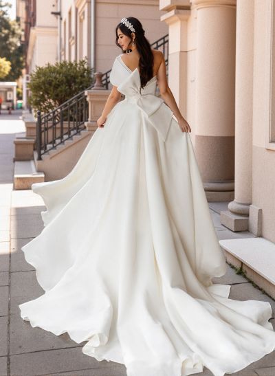 A-Line One-Shoulder Organza Sweep Train Wedding Dress With Appliques Lace