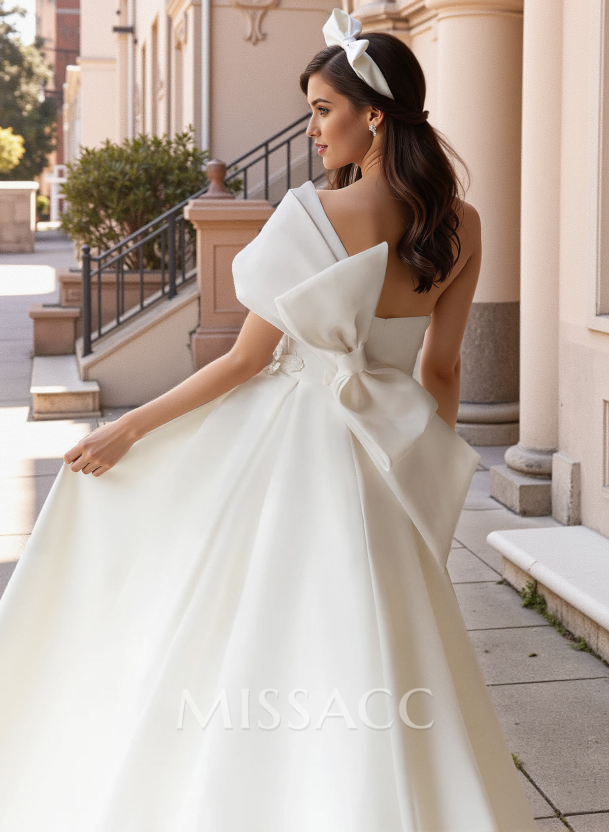 A-Line One-Shoulder Organza Sweep Train Wedding Dress With Appliques Lace A-Line One-Shoulder Organza Sweep Train Wedding Dress With Appliques Lace