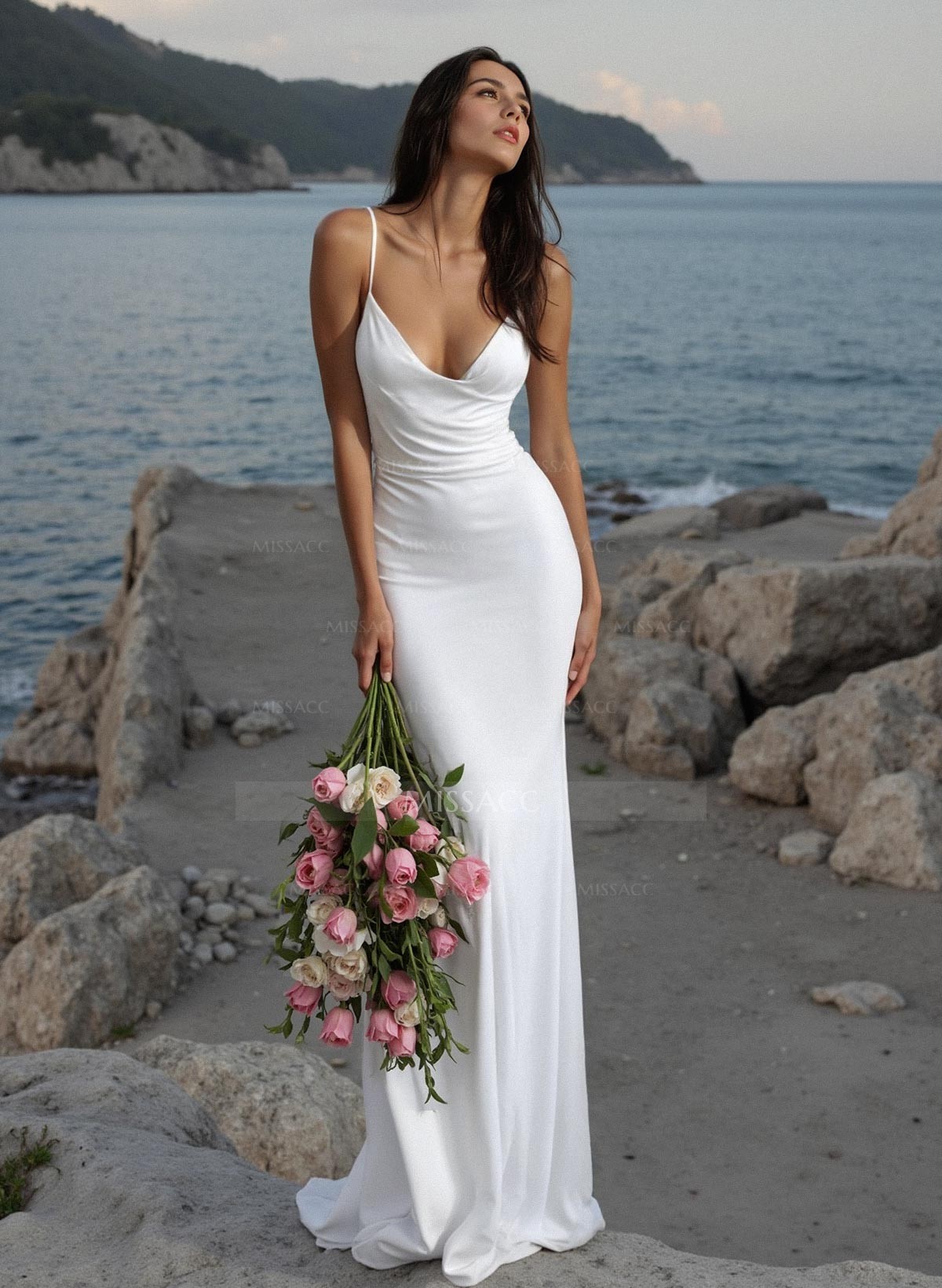 Sheath/Column Satin Ruched Spaghetti Straps Sweep Train Sleeveless Wedding Dresses