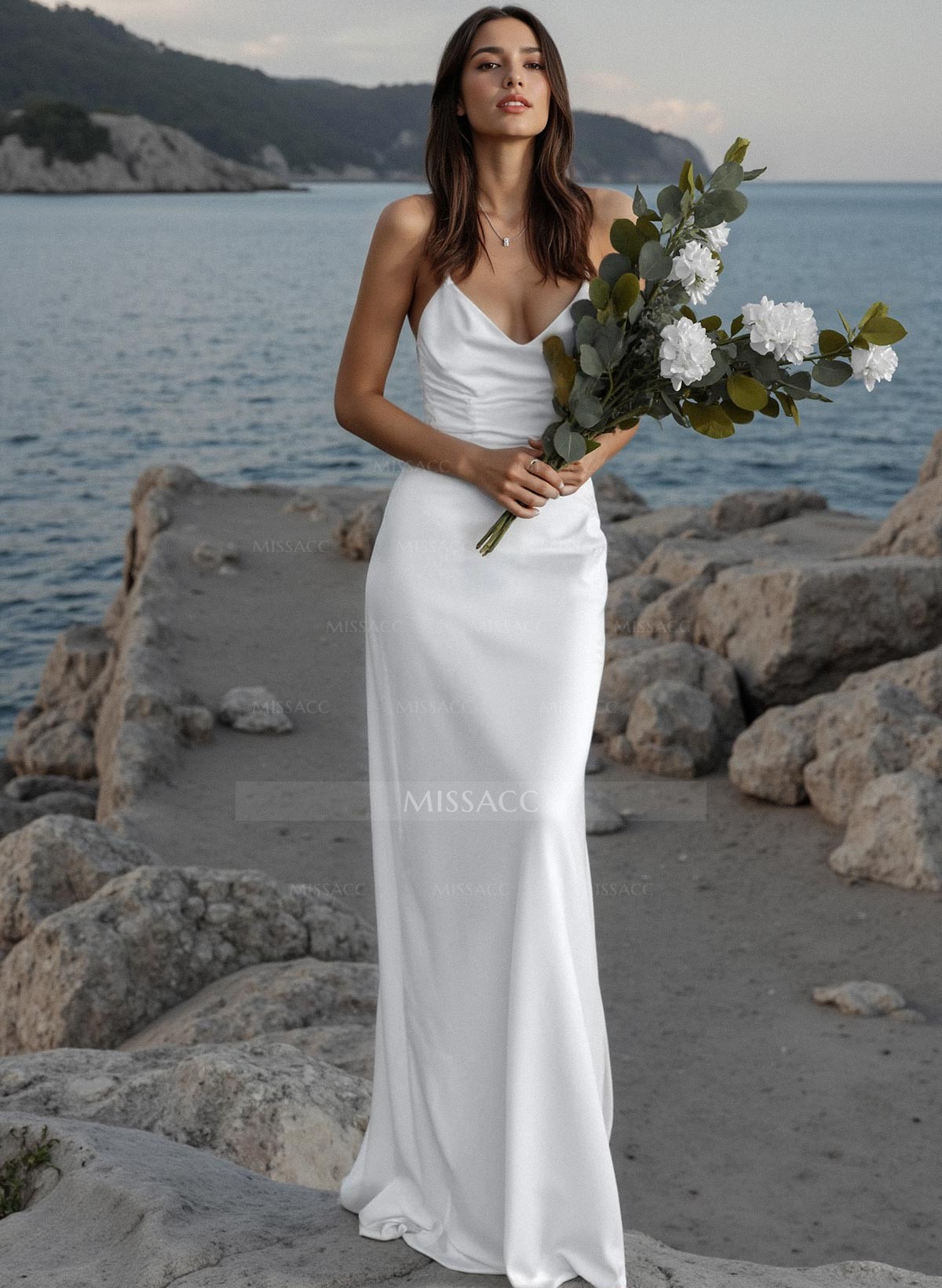 Sheath/Column Satin Ruched Spaghetti Straps Sweep Train Sleeveless Wedding Dresses