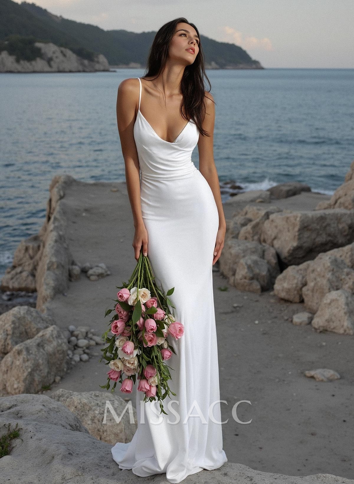 Sheath/Column Stretch Satin Ruched Spaghetti Straps Sweep Train Sleeveless Wedding Dresses
