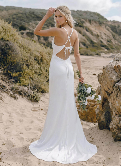 Sheath/Column Stretch Satin Ruched Spaghetti Straps Sweep Train Sleeveless Wedding Dresses