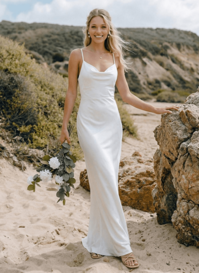 Sheath/Column Stretch Satin Ruched Spaghetti Straps Sweep Train Sleeveless Wedding Dresses